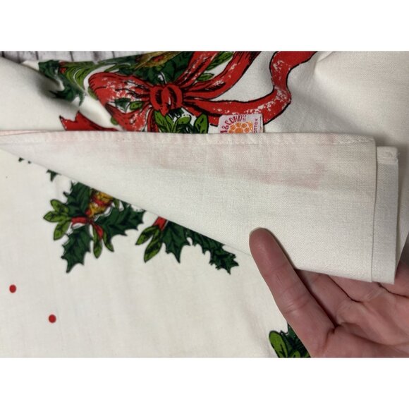 Vintage Christmas Printed Tablecloth Red Bows Ribbons Polka Dots 1950s Red Green - Picture 14 of 16